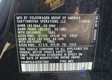 2019 Volkswagen Atlas 2.0T Se W/Technology z USA, uszkodzony, nr VIN 1V2WP2CA1KC617350